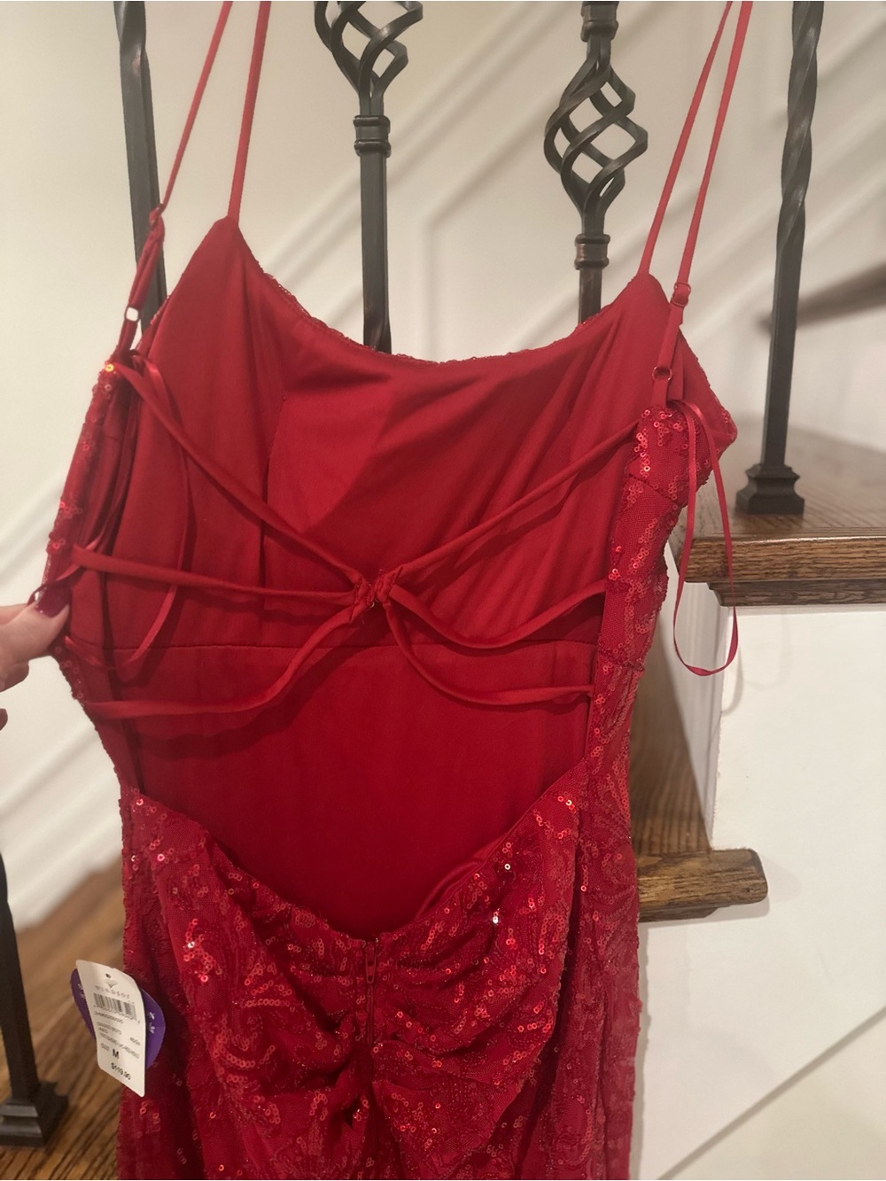 Windsor Scarlet Beaded Spaghetti-Strap Prom Gown - Picture 4 of 4